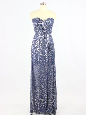 ERIN by ERIN FETHERSTON Navy Gold Silk Chiffon Strapless Wrap Maxi Gown, Size 2